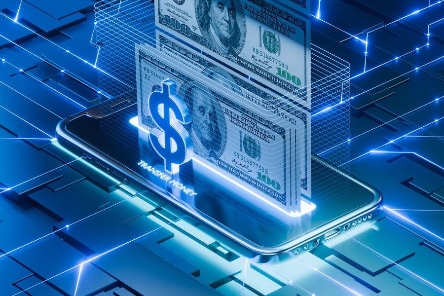 Holographic dollar bills emerging from a smartphone on a glowing blue circuit board — symbolizing decentralized and transparent finance