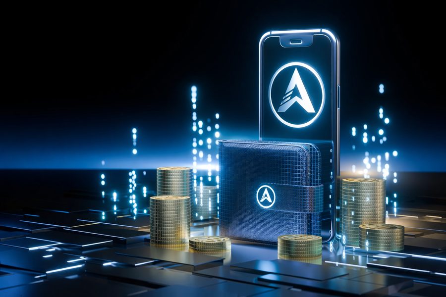 AGT logo glowing on a smartphone with stacks of gold coins and a digital wallet — symbolizing user ownership and financial access