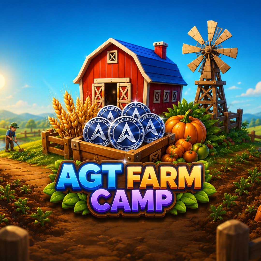 AGT Farm Camp — Web3 farming village with a barn, windmill, golden harvest and AGT coins