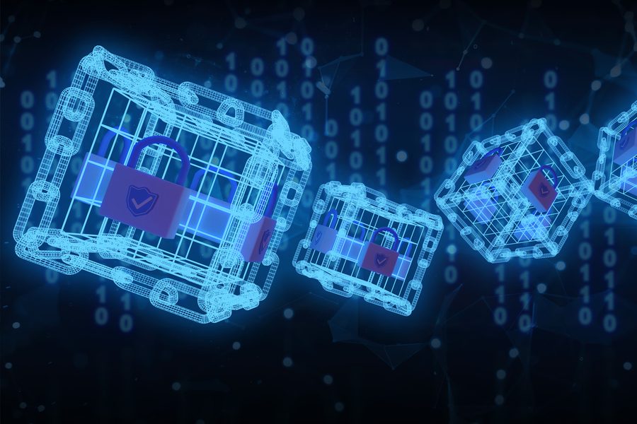 Glowing wireframe cubes with padlocks on a binary-code background — symbolizing secure blockchain architecture