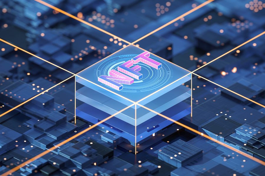 Holographic NFT block on an isometric circuit grid — symbolizing true digital ownership