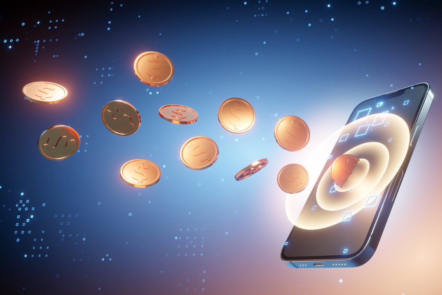 Gold coins flying into a smartphone screen — symbolizing the new decentralized digital economy