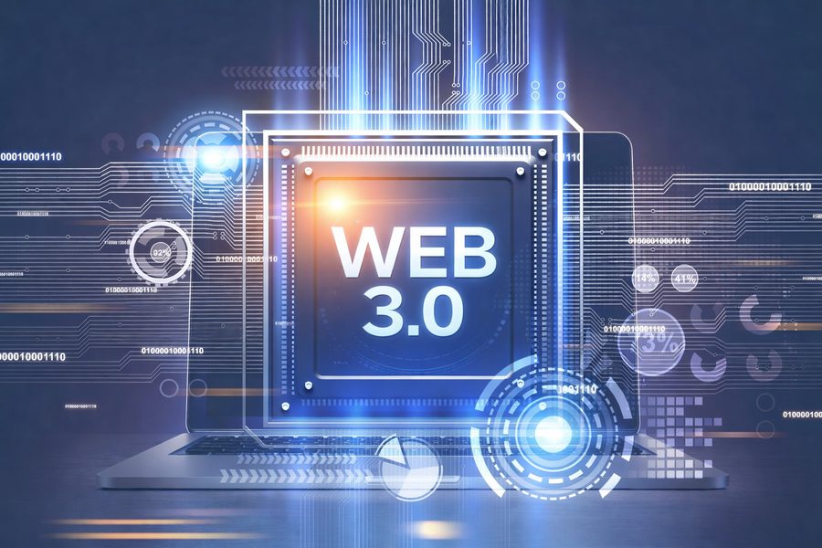Glowing WEB 3.0 chip on a laptop with circuit lines and data overlay — symbolizing the next era of the internet
