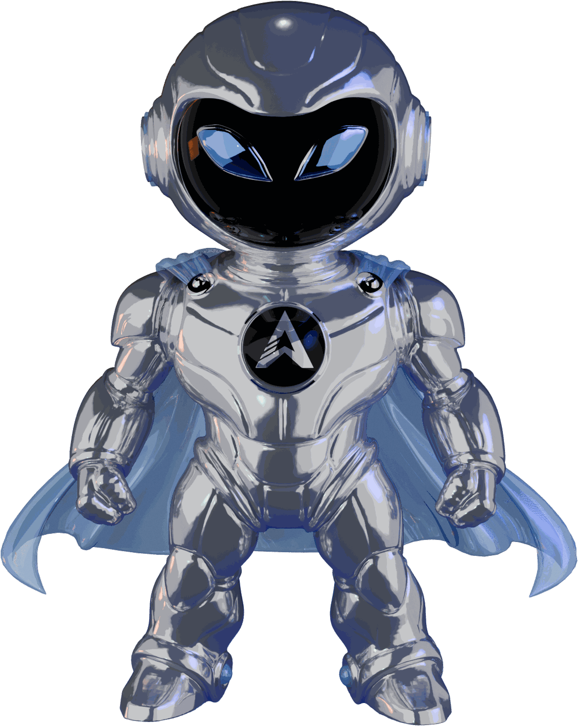 ALTA — AGT mascot robot in heroic pose with cape spread, symbolizing the Web3 ecosystem of Alta Global Tech