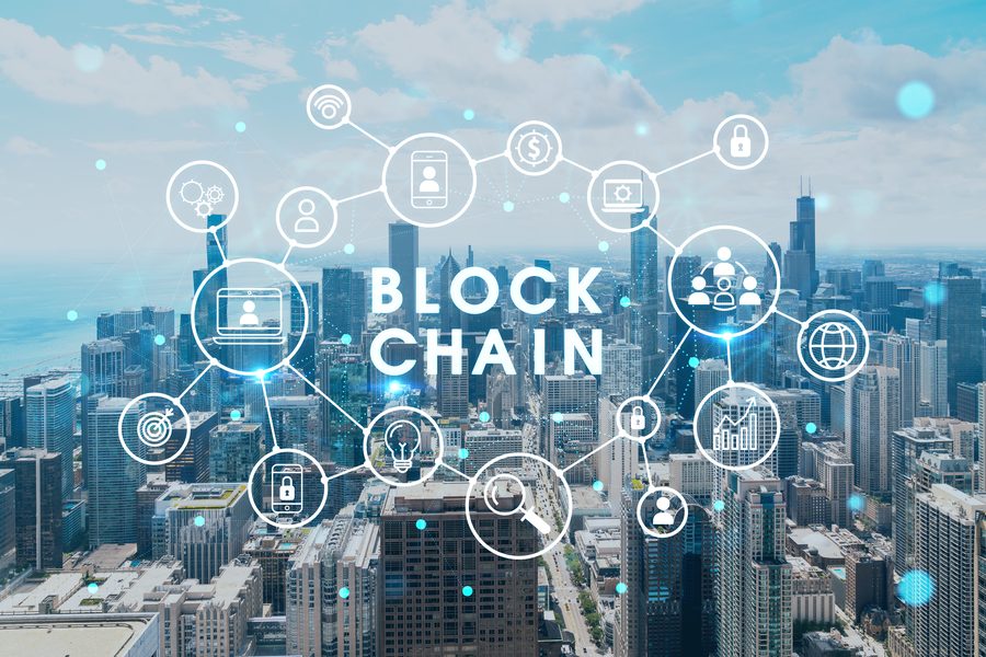区块chain network connecting communities across a global city skyline